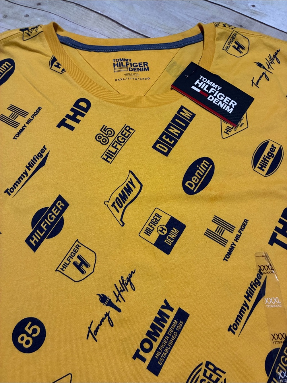 Tommy Hilfiger Yellow All-Over Navy Logo Tee Deadstock